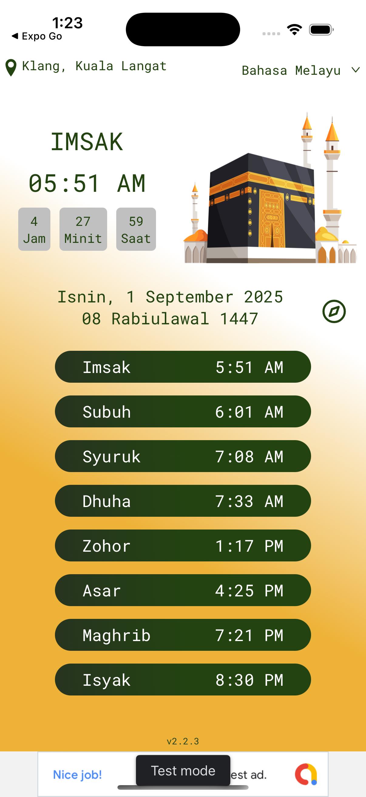Get the prayer times in Malaysia sourced directly from e-solat.gov.my. Real-time countdown shows exact hours, minutes, and seconds until your next solat.